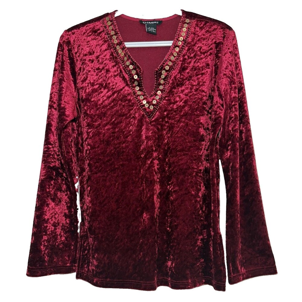 Dimri Burgundy Crushed Velvet Top M Beaded Sequin V-Neck Boho Y2K